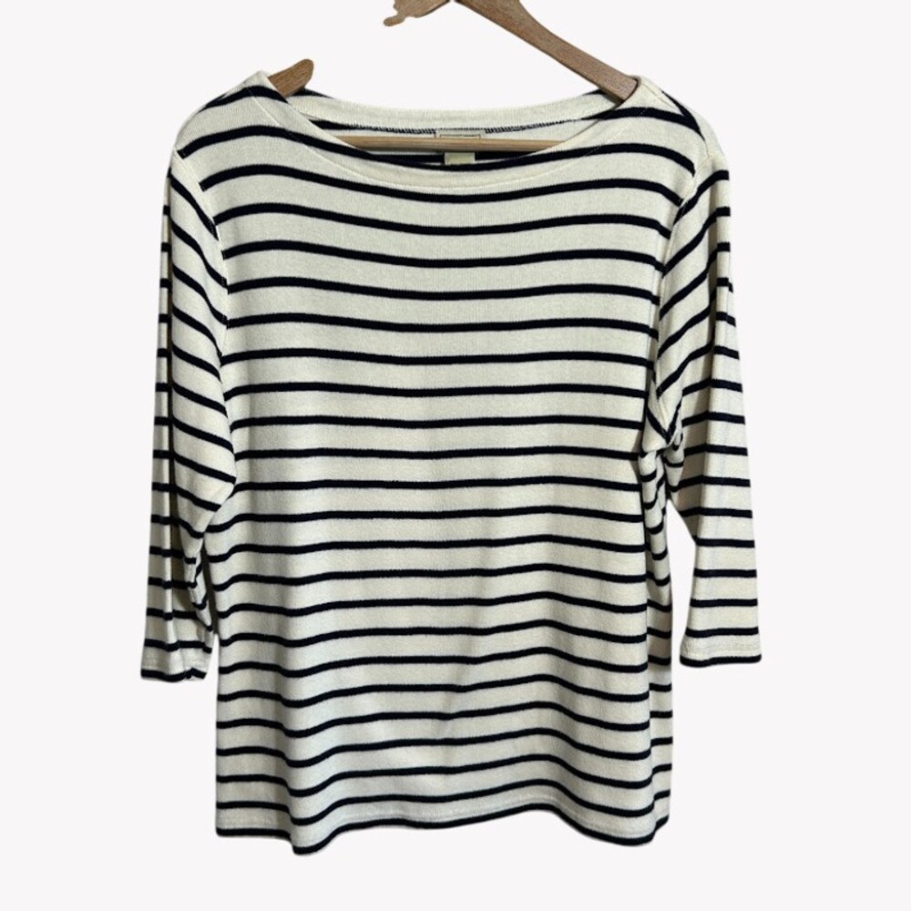 LL Bean Nautical Sailor Top Women's 1X Navy Blue Striped Boatneck 3/4 Sleeve